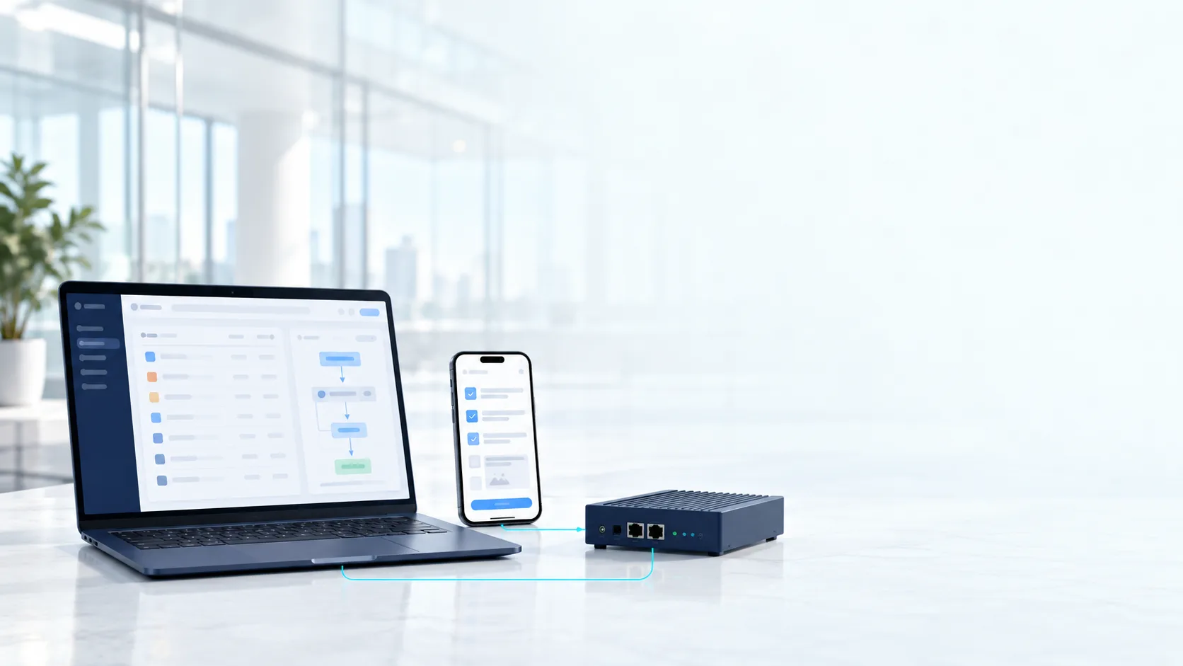 Illustration of business software on a laptop connected to a field-work smartphone and network gateway