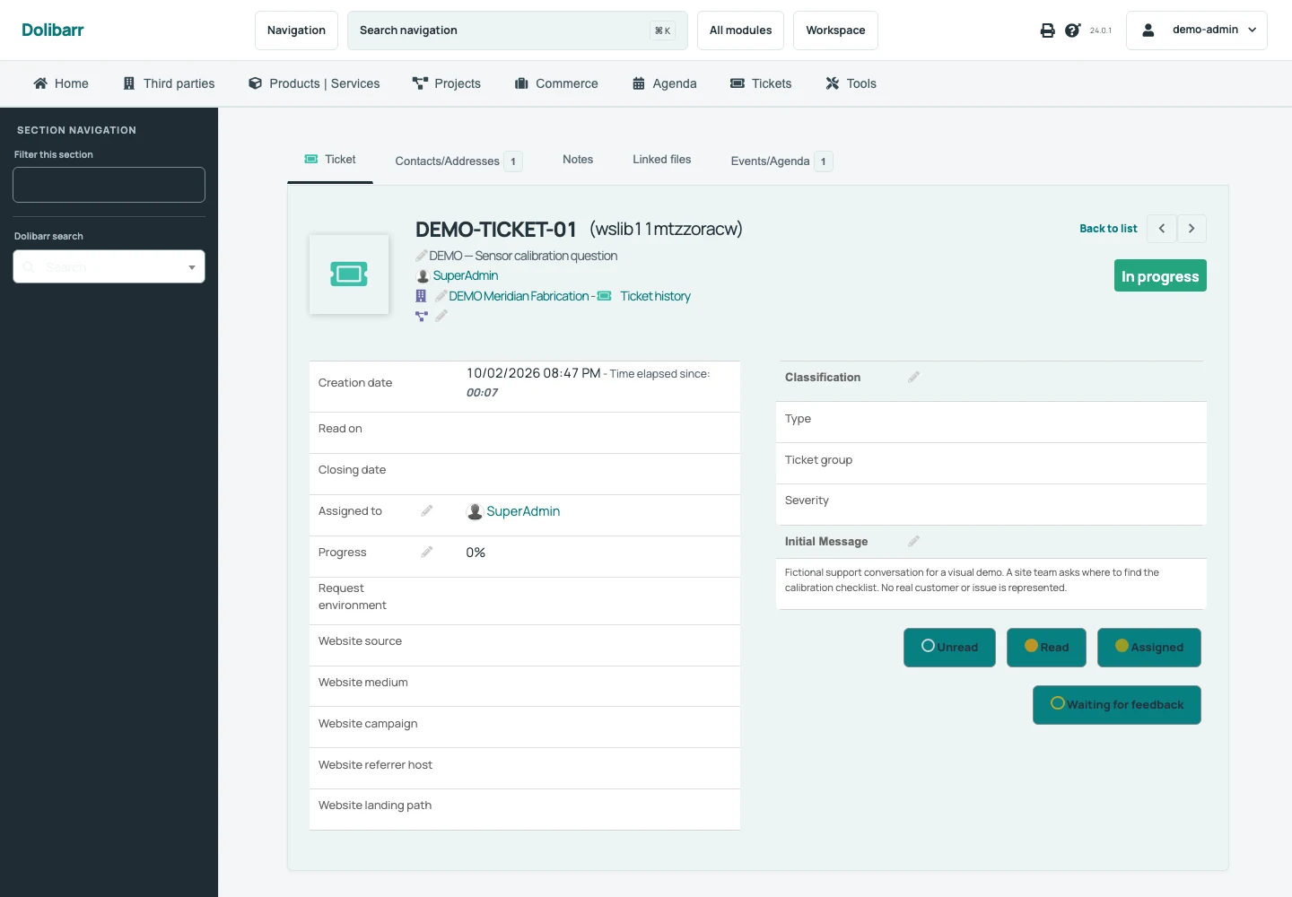 Native ticket details; replies and changes use Dolibarr forms.