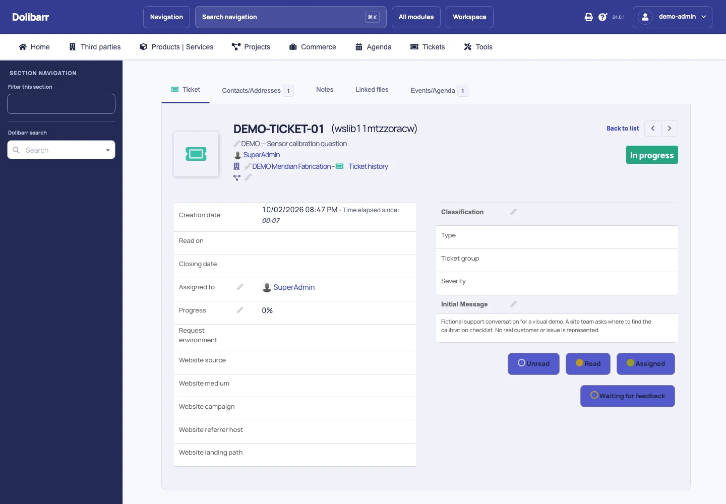 Native ticket details; replies and changes use Dolibarr forms.