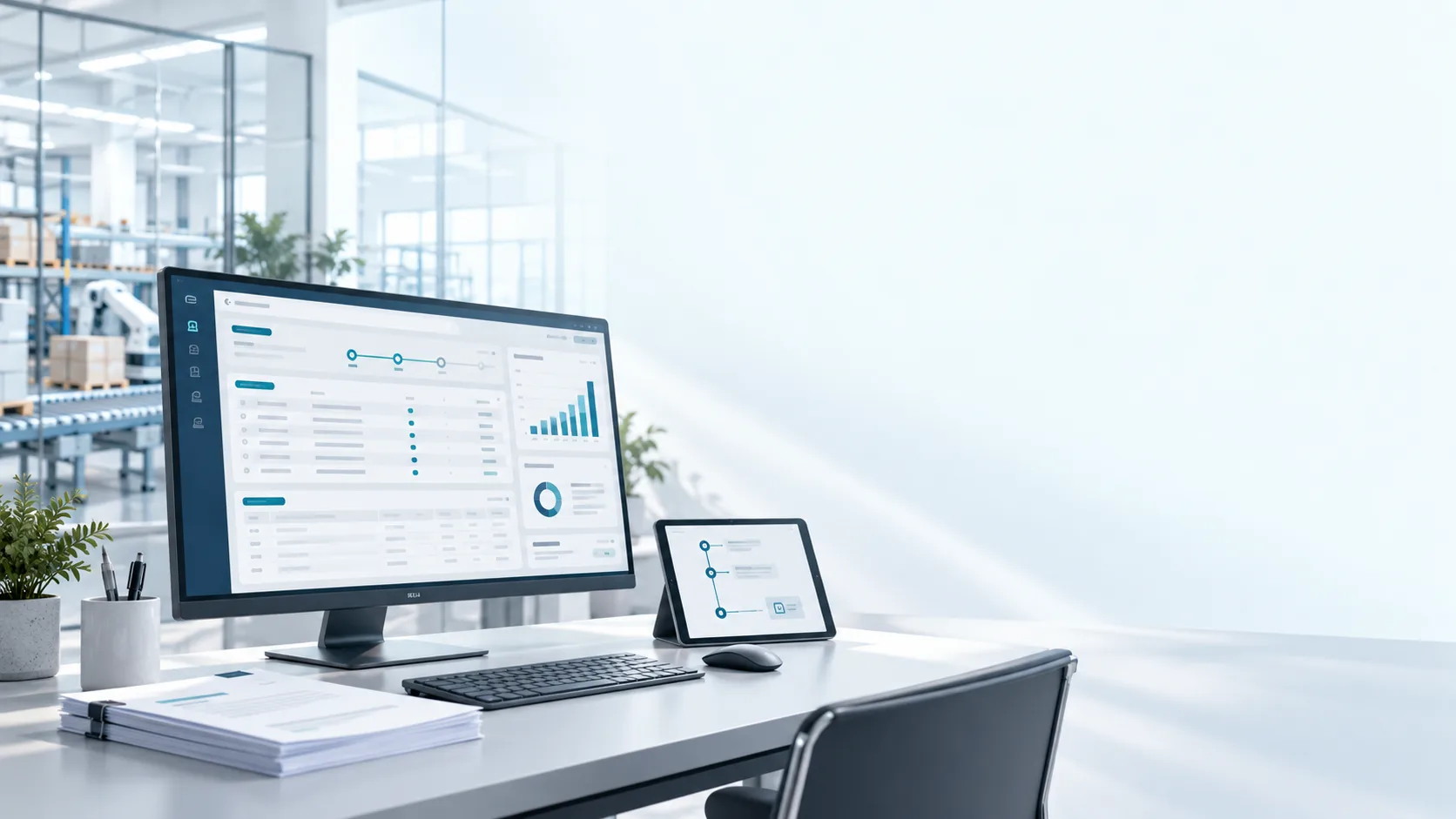 Illustration of enterprise finance software, invoice documents and connected operations in a bright workspace