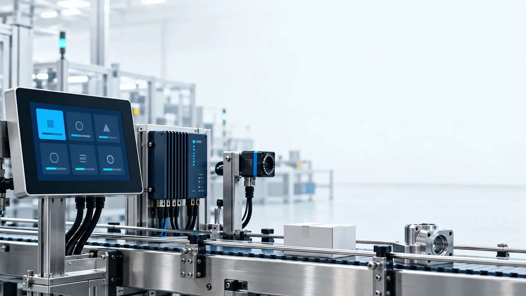 Illustration of a factory operator terminal, industrial controller and sensor beside a production conveyor