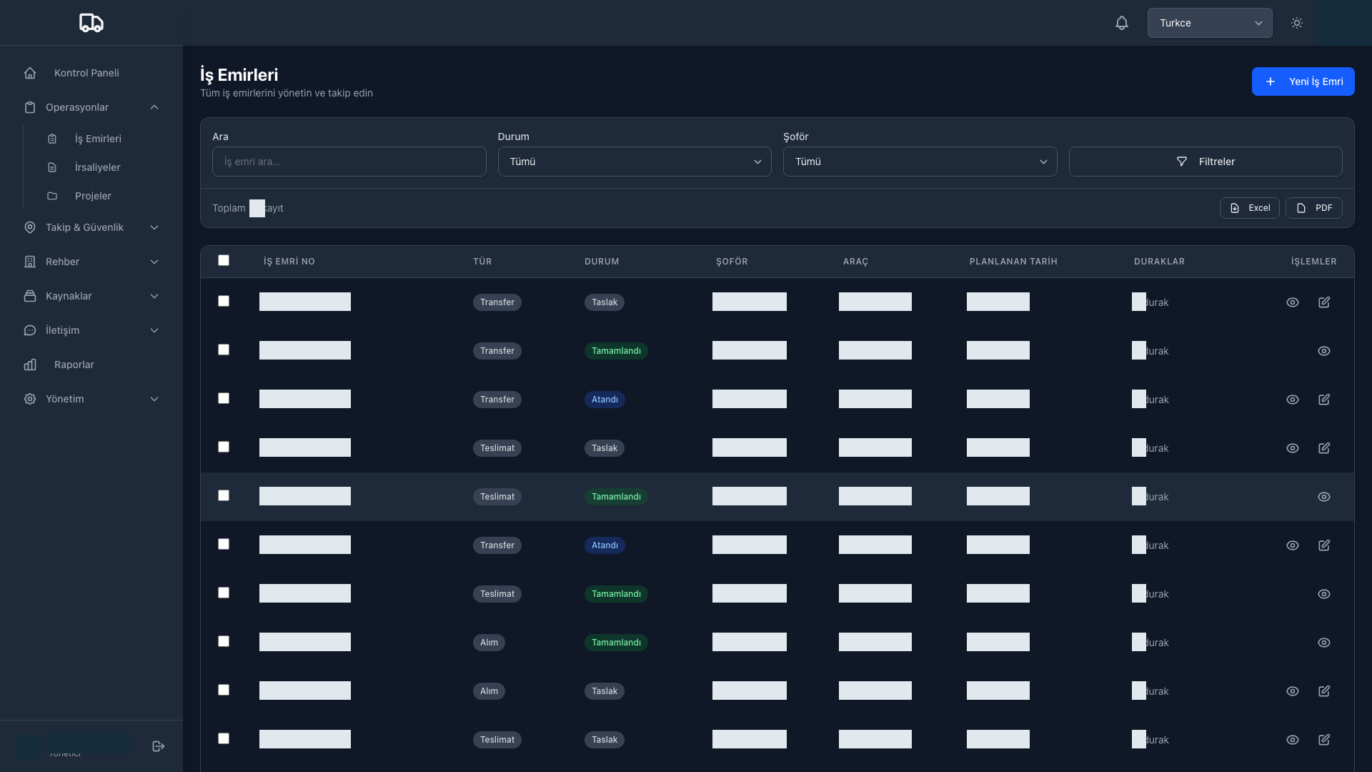 LoadSmart work orders with private data hidden, Turkish interface