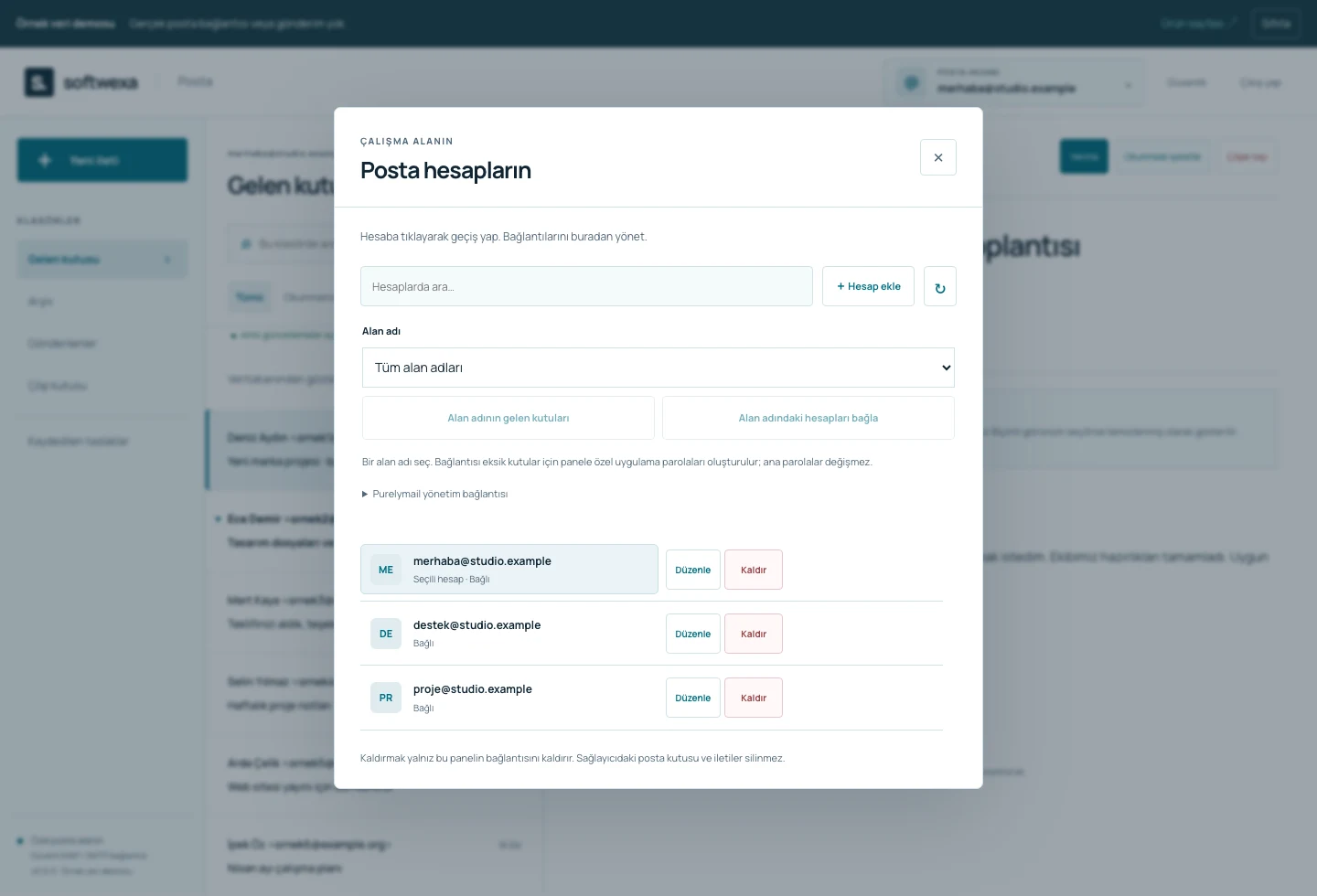 Mailbox management modal with three synthetic accounts