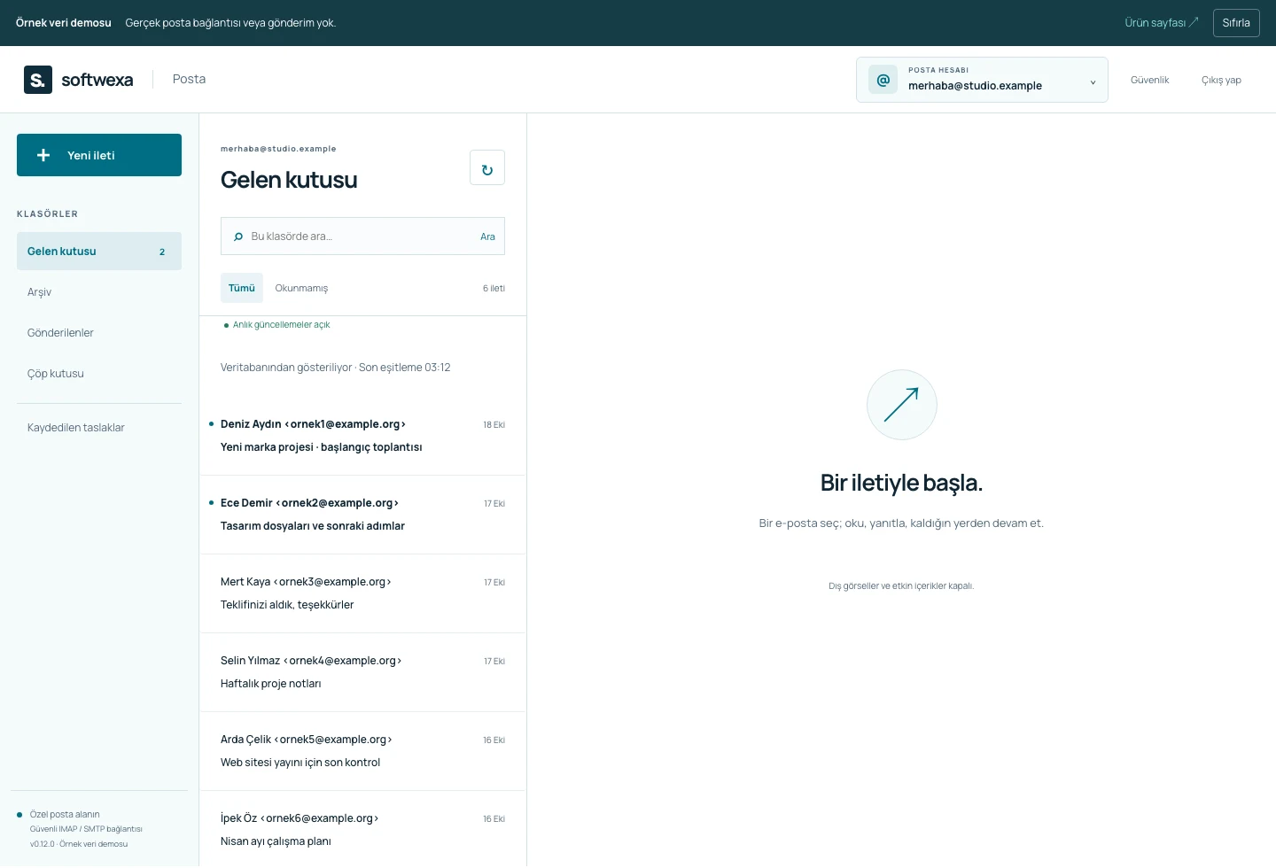 Softwexa Mail with synthetic demonstration messages